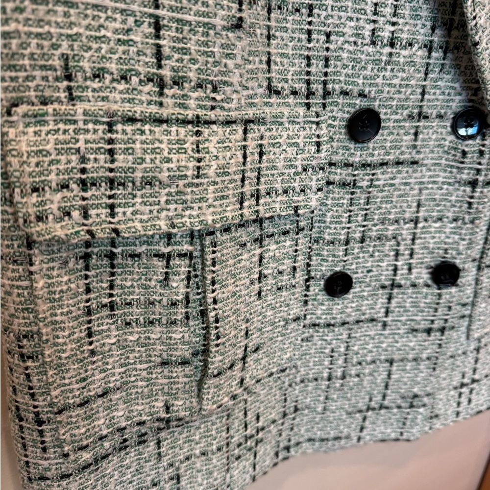 ANTHRO Tweed Vest Green Plaid Sleeveless Blazer Button Up Front Pockets Lined - Picture 9 of 10